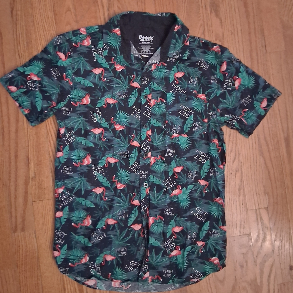 Spencer's Green and Hot Pink 420 Flamingos Tropical Print Shirt Size M